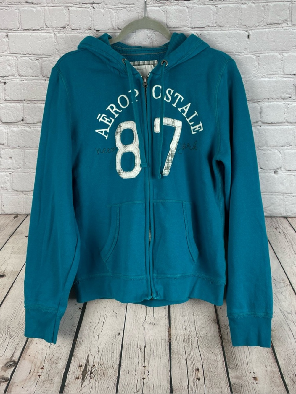 Aeropostale VTG Zip Up Hoodie Teal Embroidered Logo Spell Out Size XL